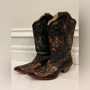 Corral Women’s 9.5 Brown Goat Skin Orange Lizard Inlay Snip Toe Cowboy Boots
